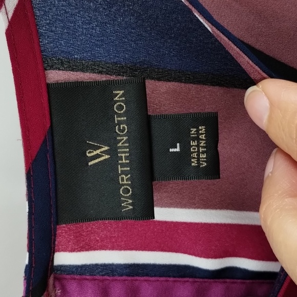 Worthington striped blouse size large maroon pink and tan w tie flutter sleeve - Picture 10 of 12